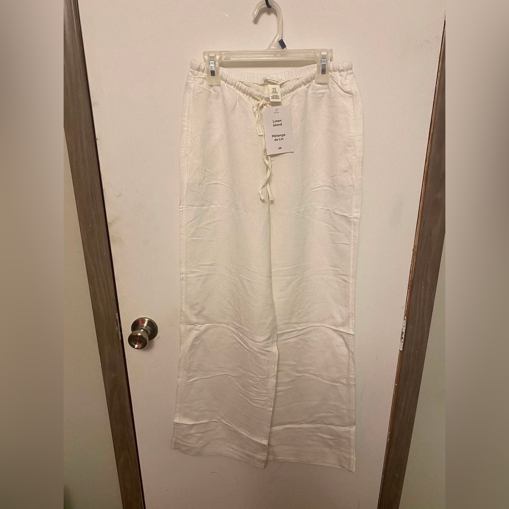 H&M White Wide-Leg Linen-Blend Drawstring Pants